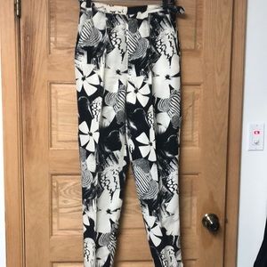 PK Mui Silk Tropical Print Black and White Pants
